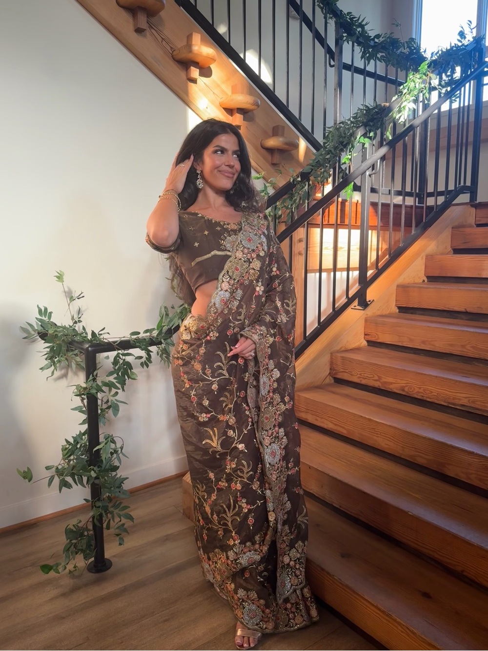 Brown beaded desi sari